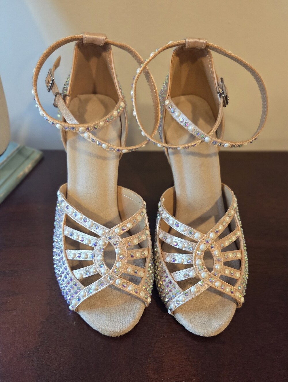 Embellished Tan Strappy Women's Dress Dancing Heels, Size 6.5